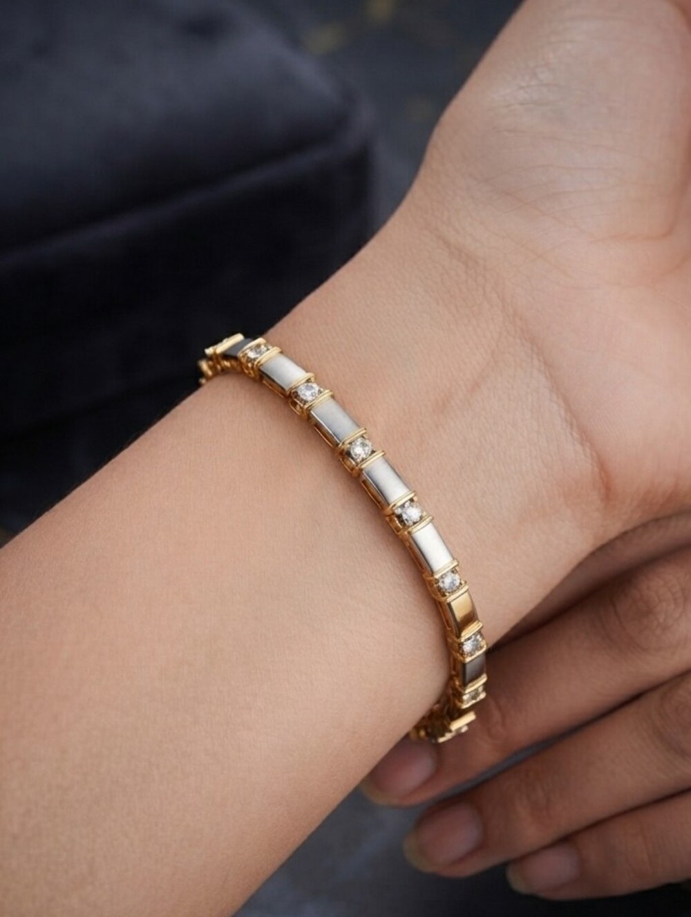Two tone diamond link gold plated bezel tennis vermeil baguette Bracelet